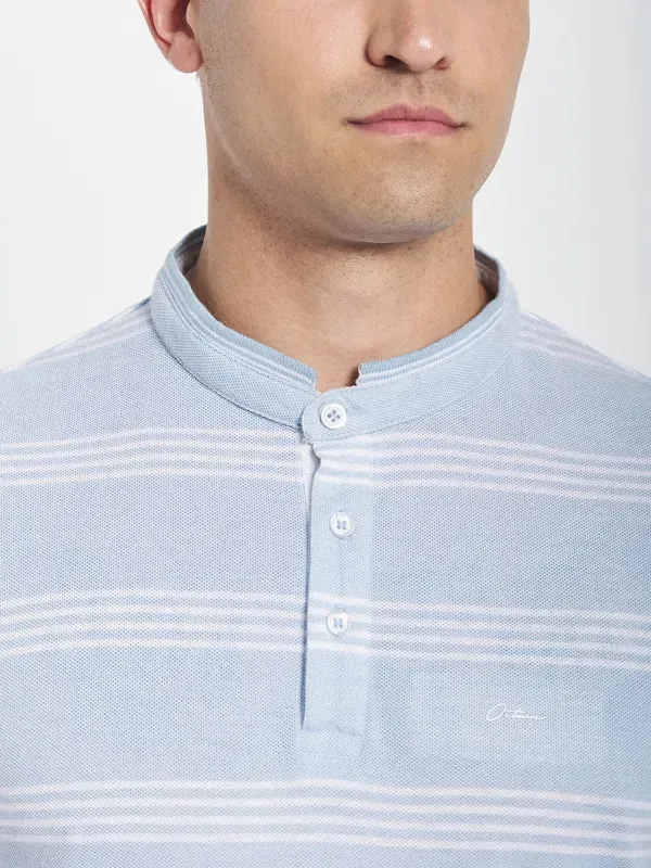 Octave Men Blue Striped Henley Neck T-Shirt