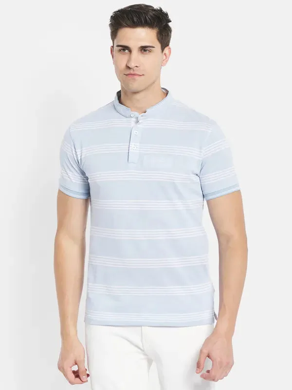 Octave Men Blue Striped Henley Neck T-Shirt