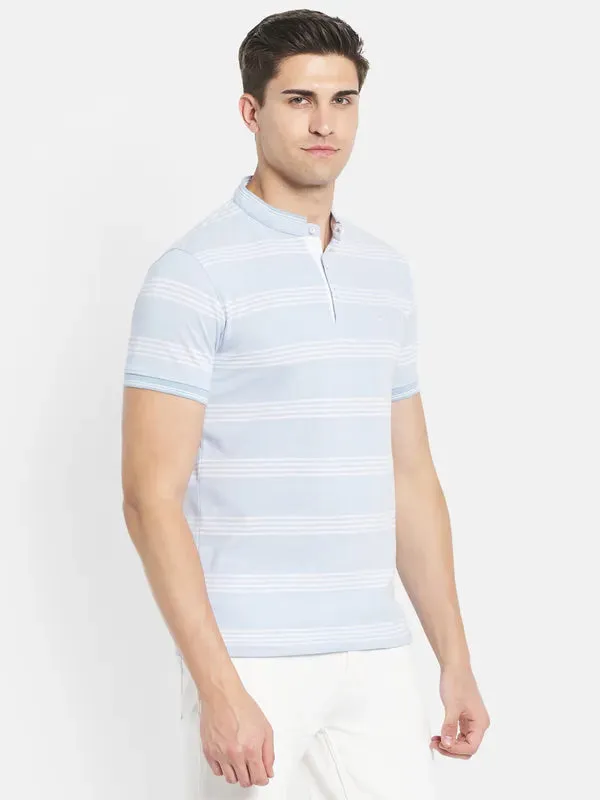 Octave Men Blue Striped Henley Neck T-Shirt