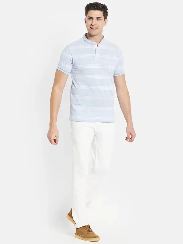 Octave Men Blue Striped Henley Neck T-Shirt