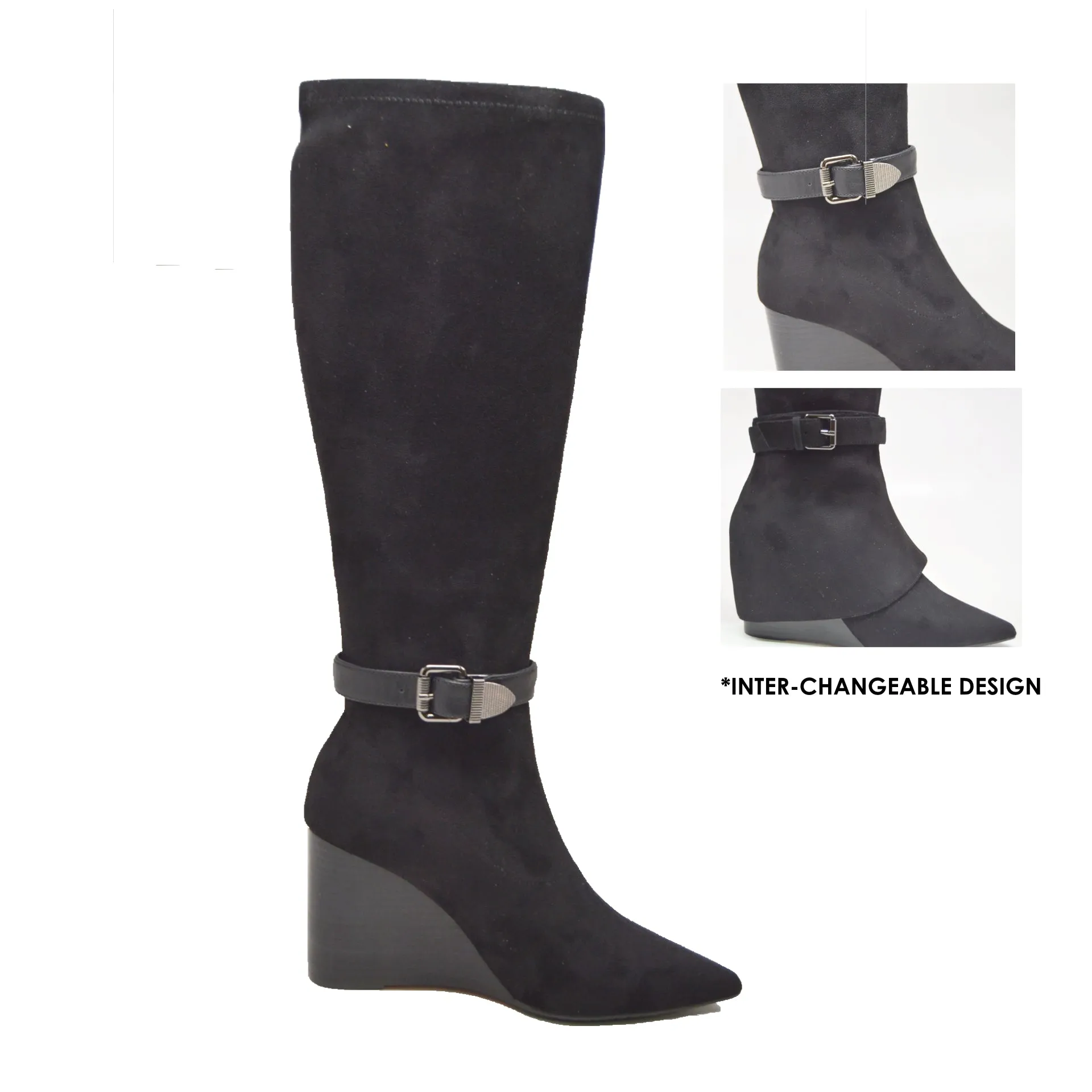 Paris2- Faux Suede Wedge Boot: 3-in-1 Wedge Dress Boot: Stylish Versatility at Its Best