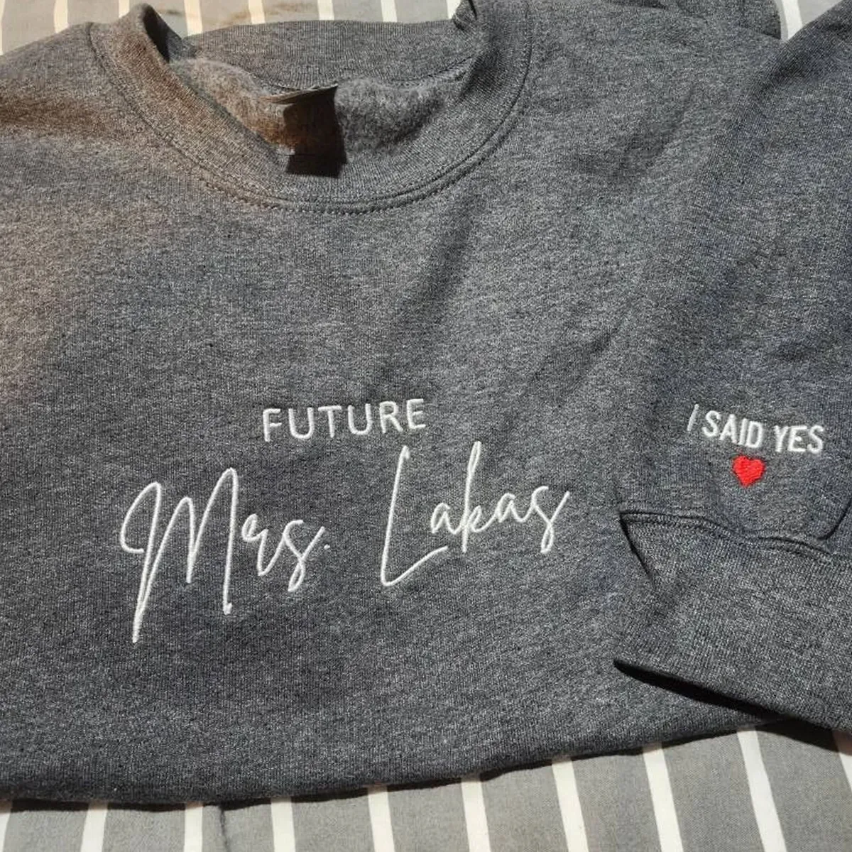 Personalized Future Mrs Sweatshirt Embroidered with Anniversary Date Text Name Initial Heart on Sleeve