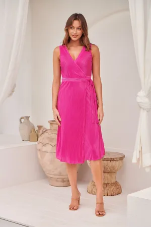 Reagan Hot Pink Sleeveless Pleated Wrap Evening Dress