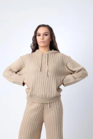 Ribbed Hoodie in Beige