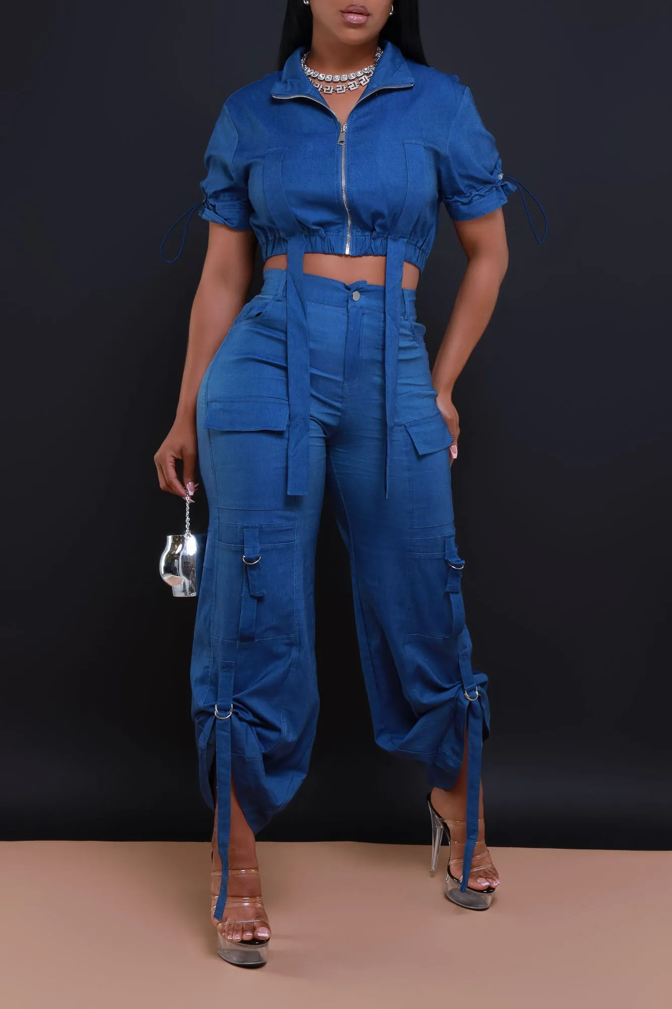 Runner Up Cropped Cargo Pants Set - Dark Blue Denim