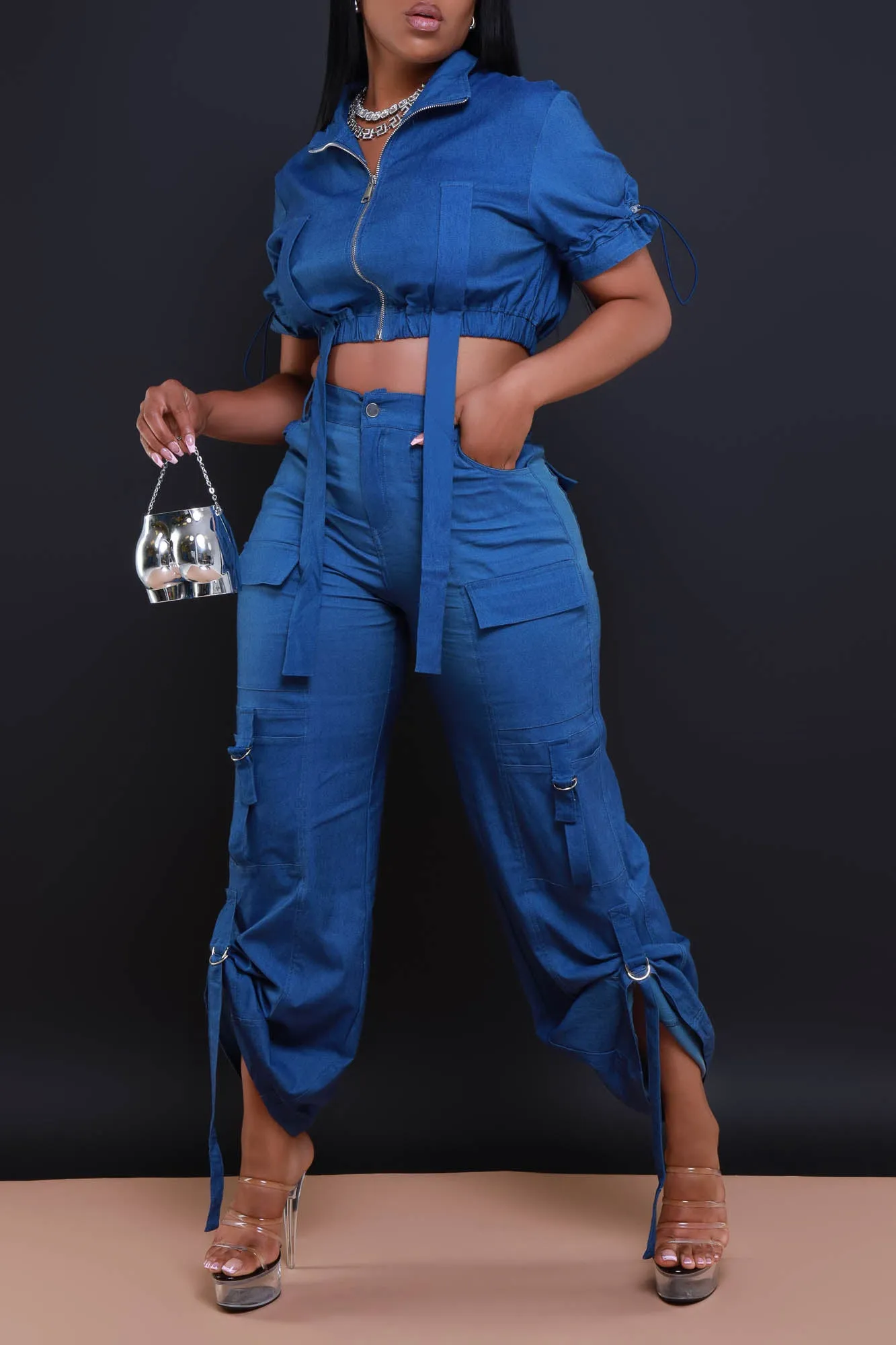 Runner Up Cropped Cargo Pants Set - Dark Blue Denim