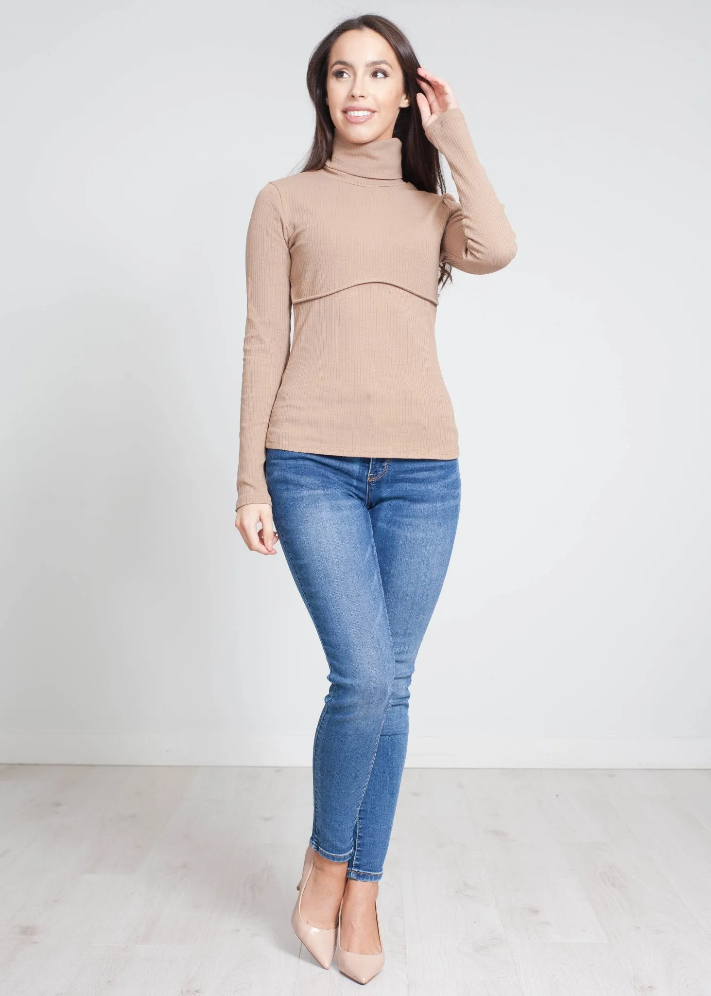 Scarlet Ribbed Polo Neck In Tan