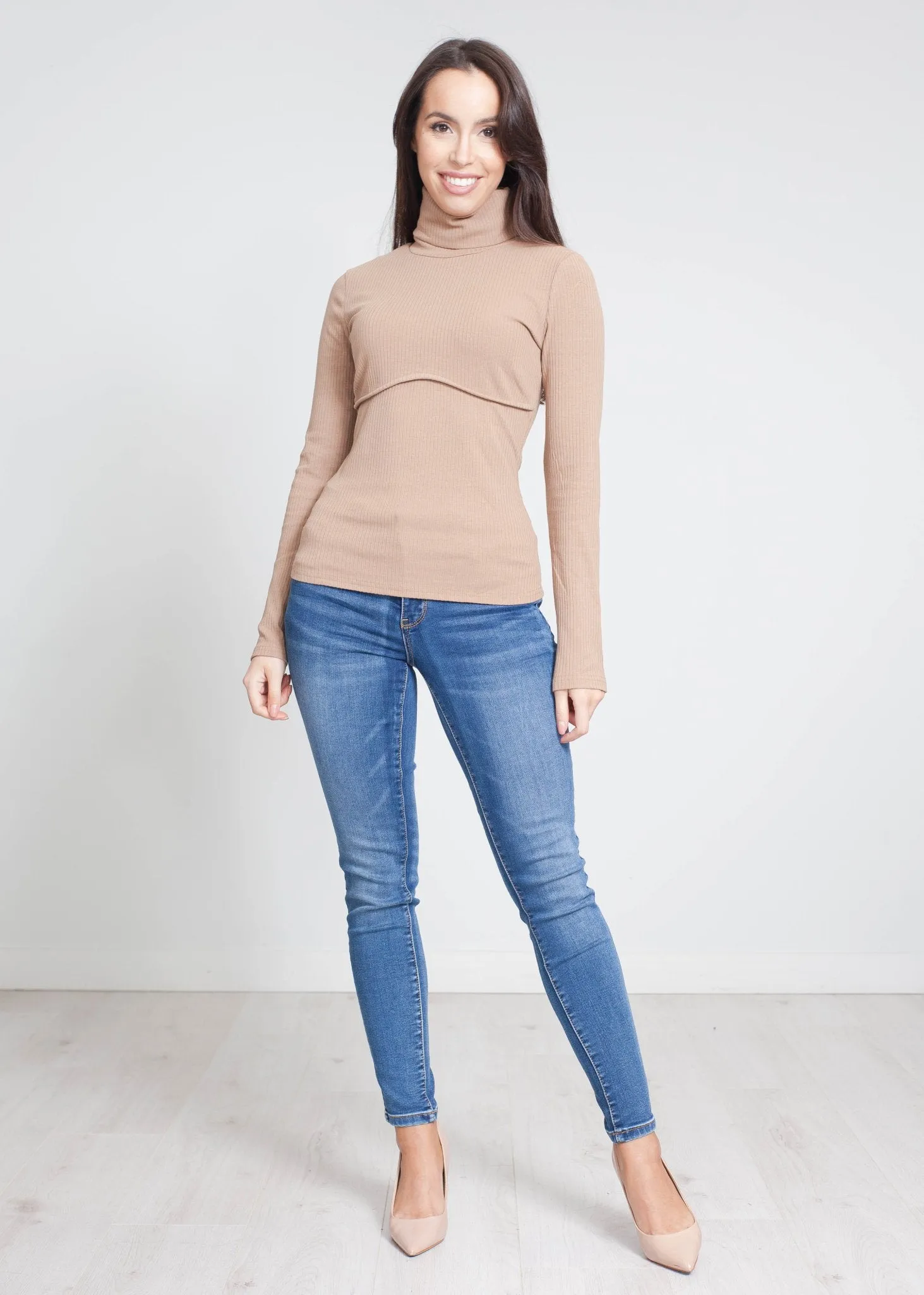 Scarlet Ribbed Polo Neck In Tan