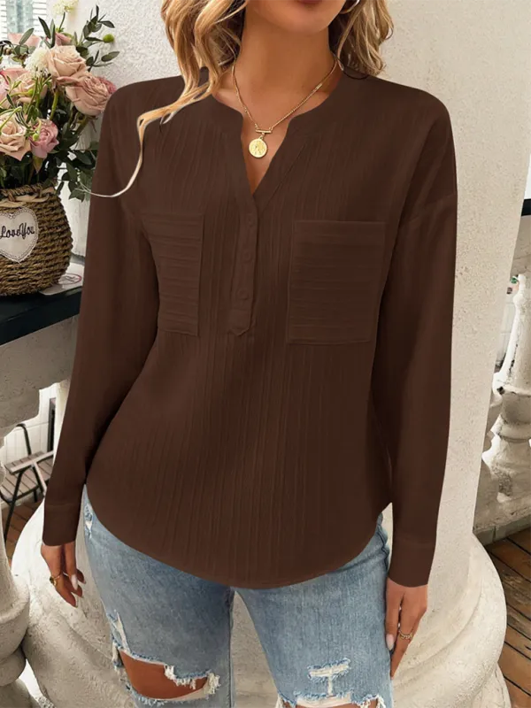 Solid Textured Henley Long Sleeve Top Shirt for Women