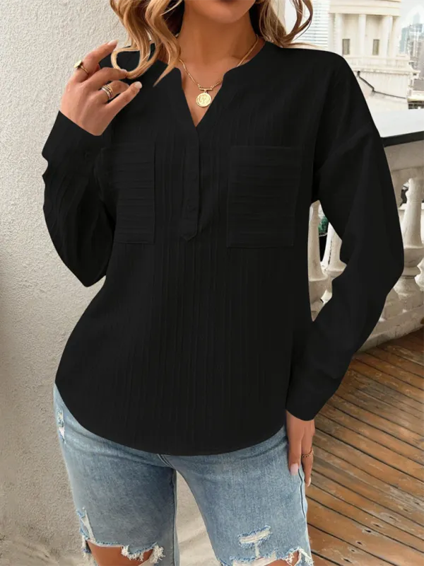 Solid Textured Henley Long Sleeve Top Shirt for Women