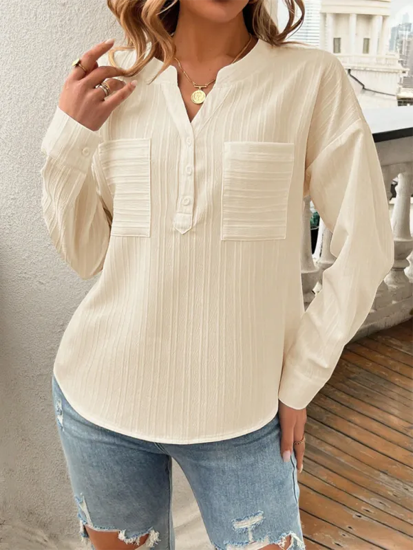 Solid Textured Henley Long Sleeve Top Shirt for Women