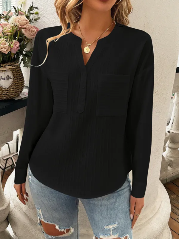 Solid Textured Henley Long Sleeve Top Shirt for Women