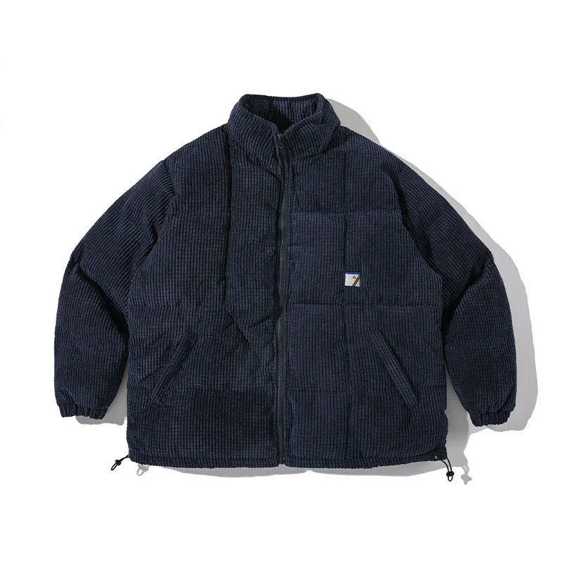 Stand-Up Collar Labeling Detail Loose Fit Corduroy Puffer Coat