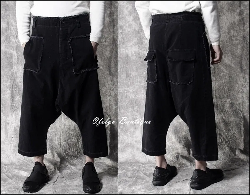 Stretchy Cotton Sarouel Big Front Pocket Drop Croth Pant Trouser