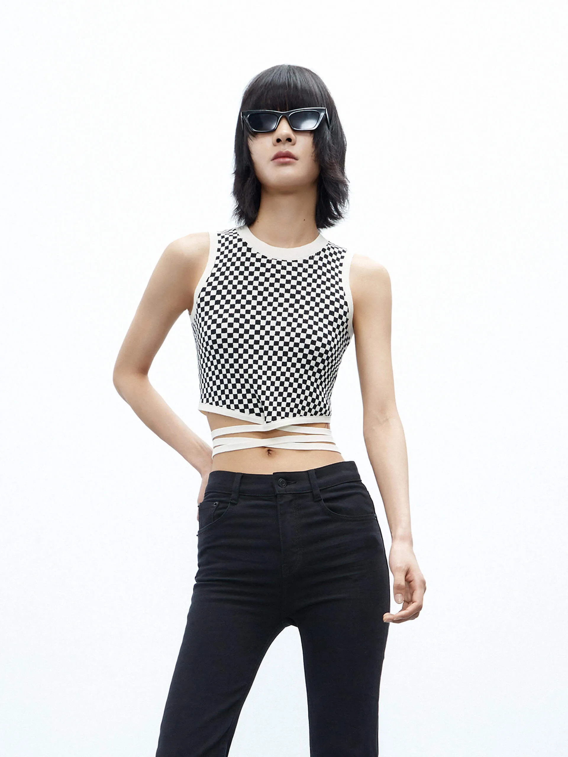 Tie Detail Checkered Tank Top