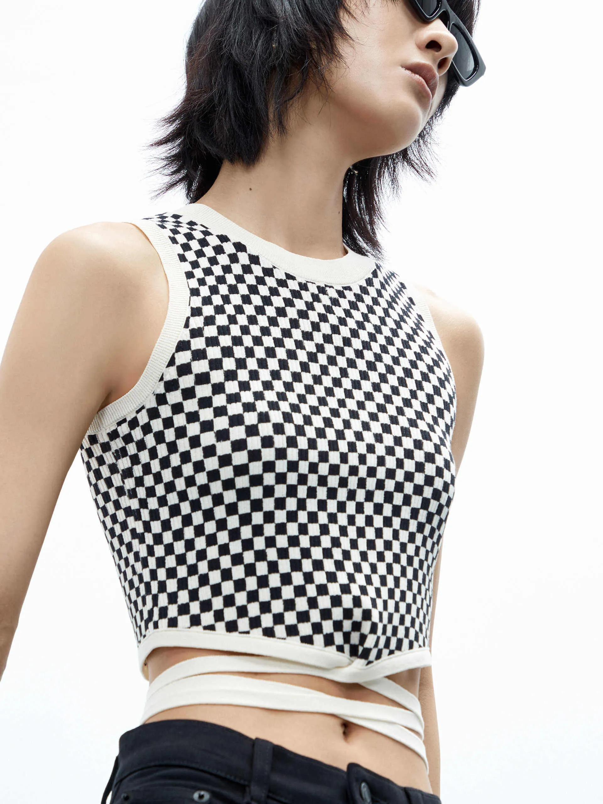 Tie Detail Checkered Tank Top