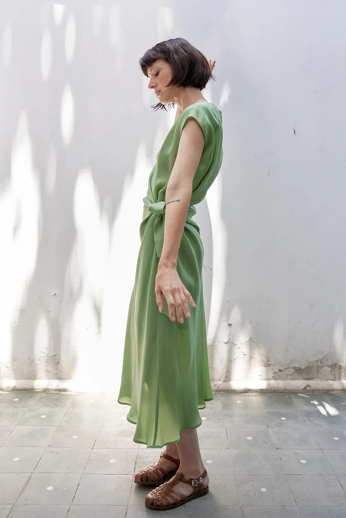 Tie-Waist Wrap Dress Cupro - Pesto