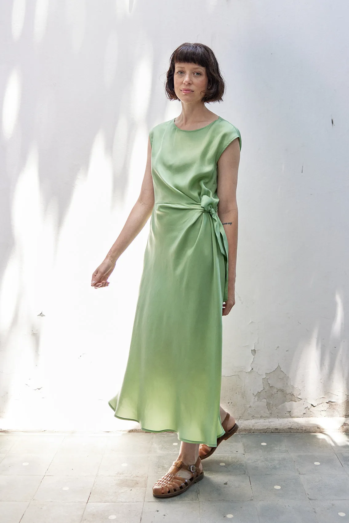 Tie-Waist Wrap Dress Cupro - Pesto