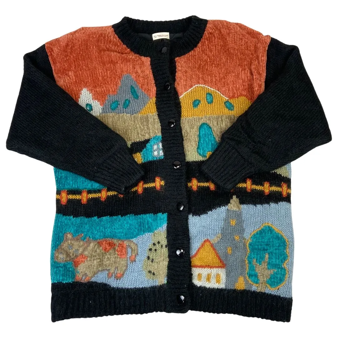 Vintage 80s 90s Black Orange Blue Chenille Graphic Knitted Cardigan 14 M L