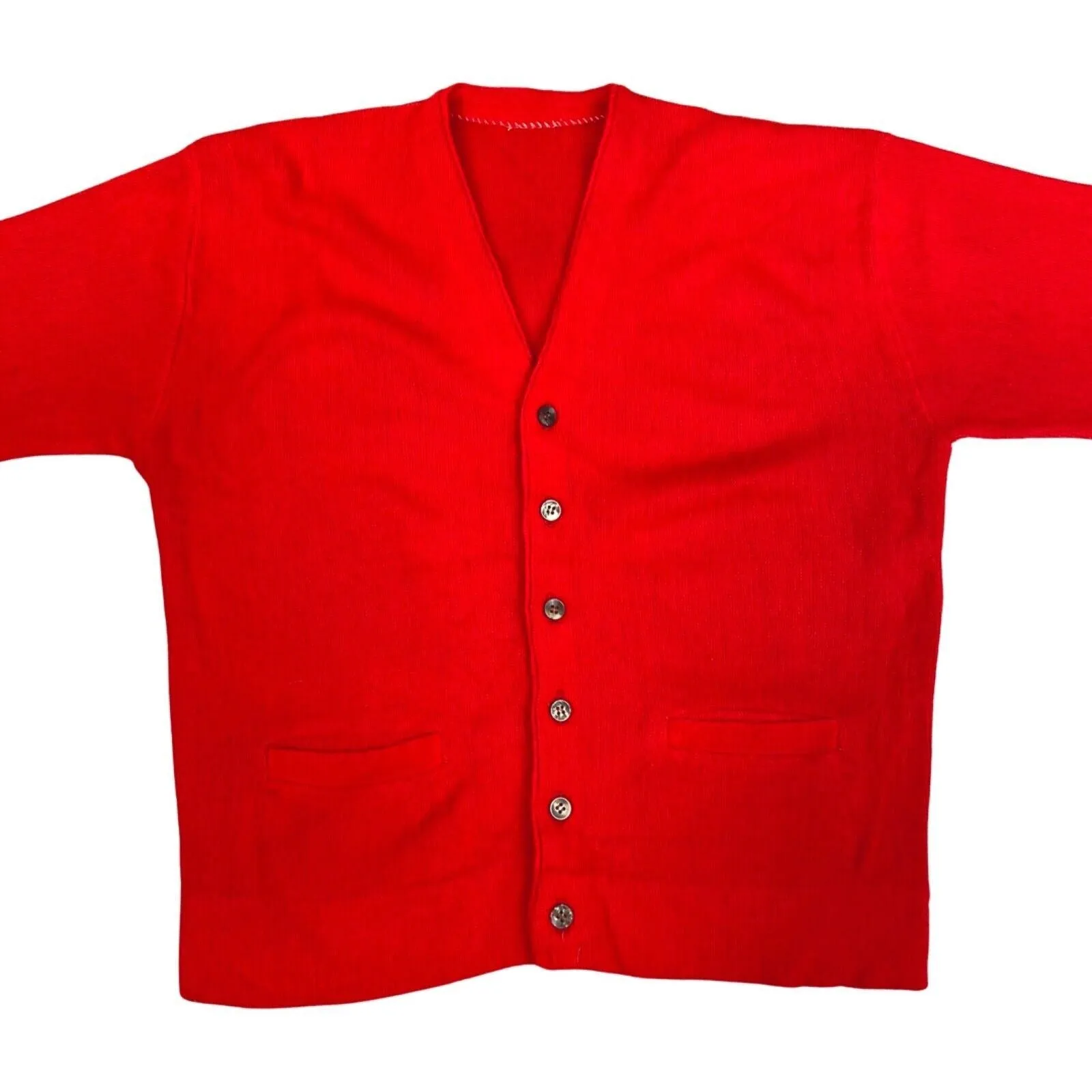 Vintage 80s Red Handmade Wool Knit Button Down Cardigan 12 14 M