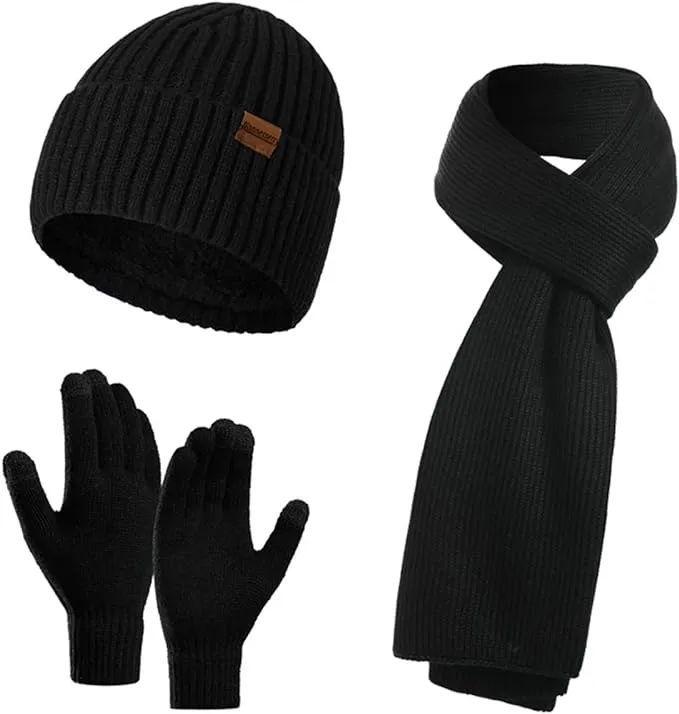 Winter Soft Red/Burgundy Thermal Knit Beanie Hat, Gloves & Scarf Set