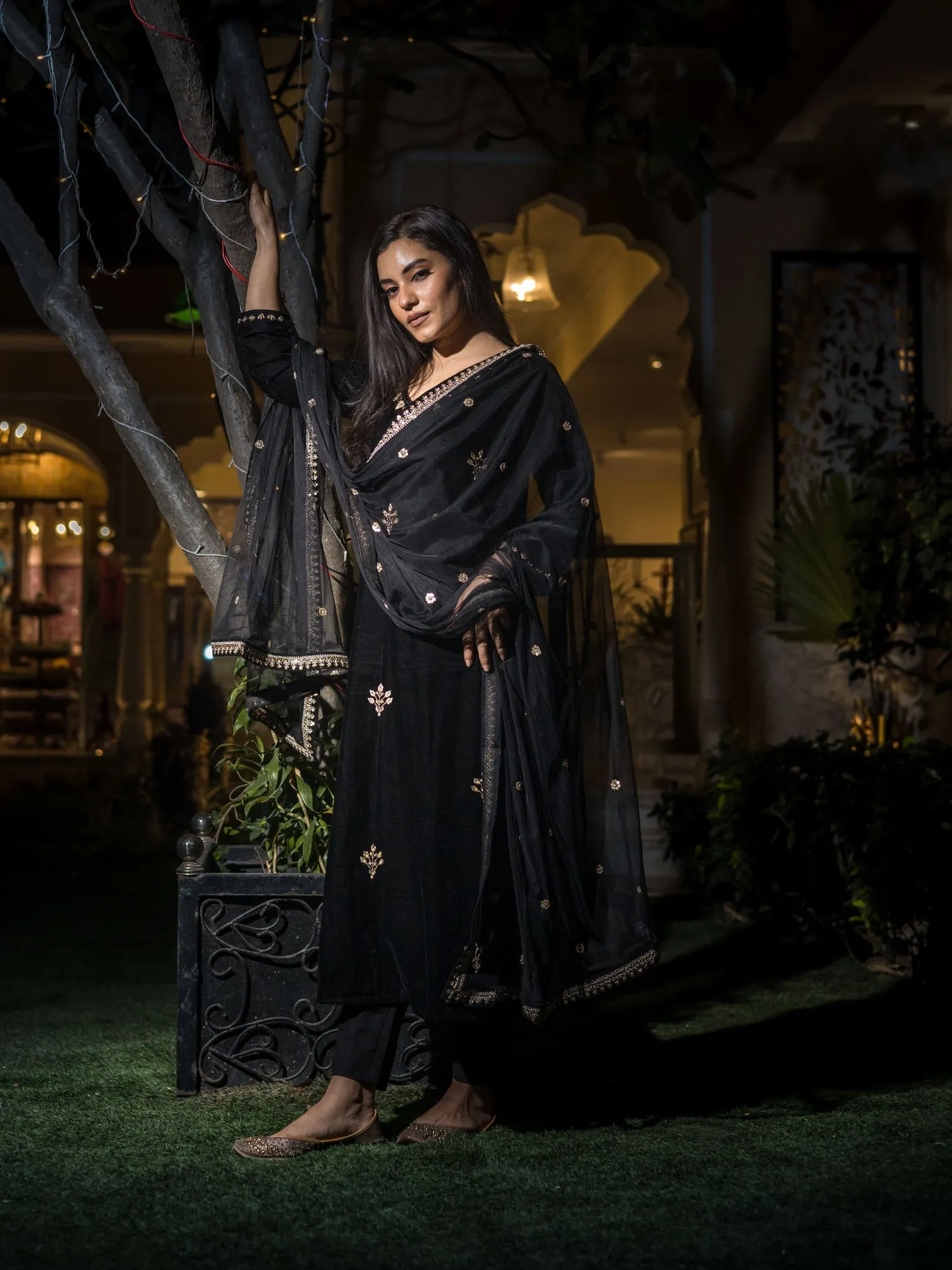 Women Black Velvet Hand Work Kurta Pant With Net Dupatta Set