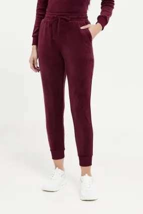 Women Burgundy Active Velour Jogger