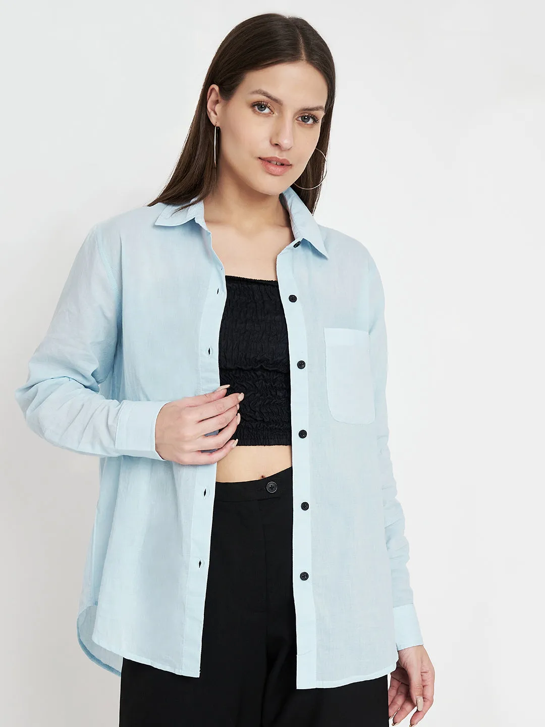 Women Classic Pure Cotton Blue Formal Shirt