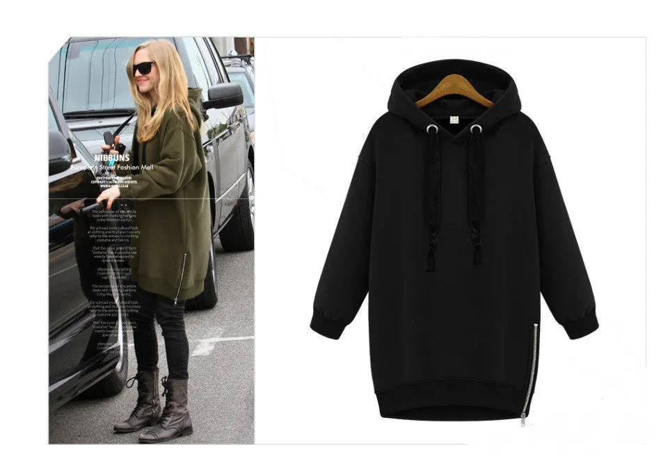 Women Side Zipper Long Fleece Sweatshirt Hoodie Overlong Oversize Velvet Drawstrings