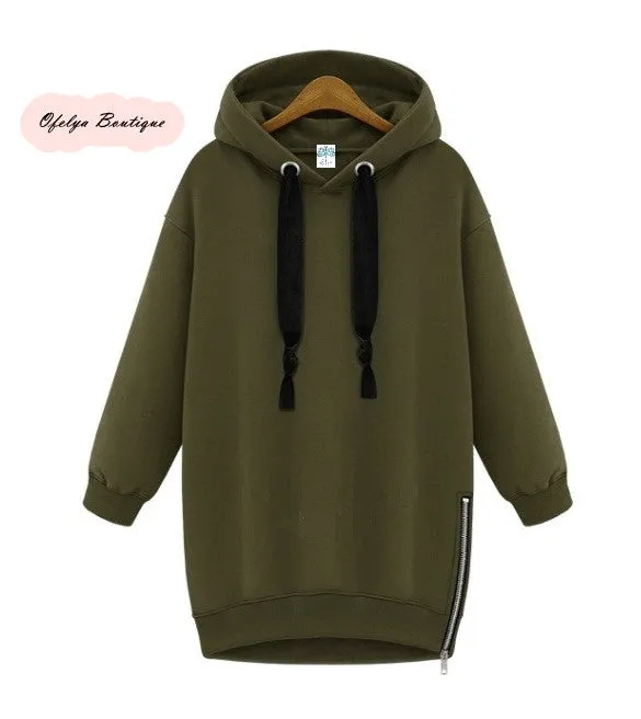 Women Side Zipper Long Fleece Sweatshirt Hoodie Overlong Oversize Velvet Drawstrings