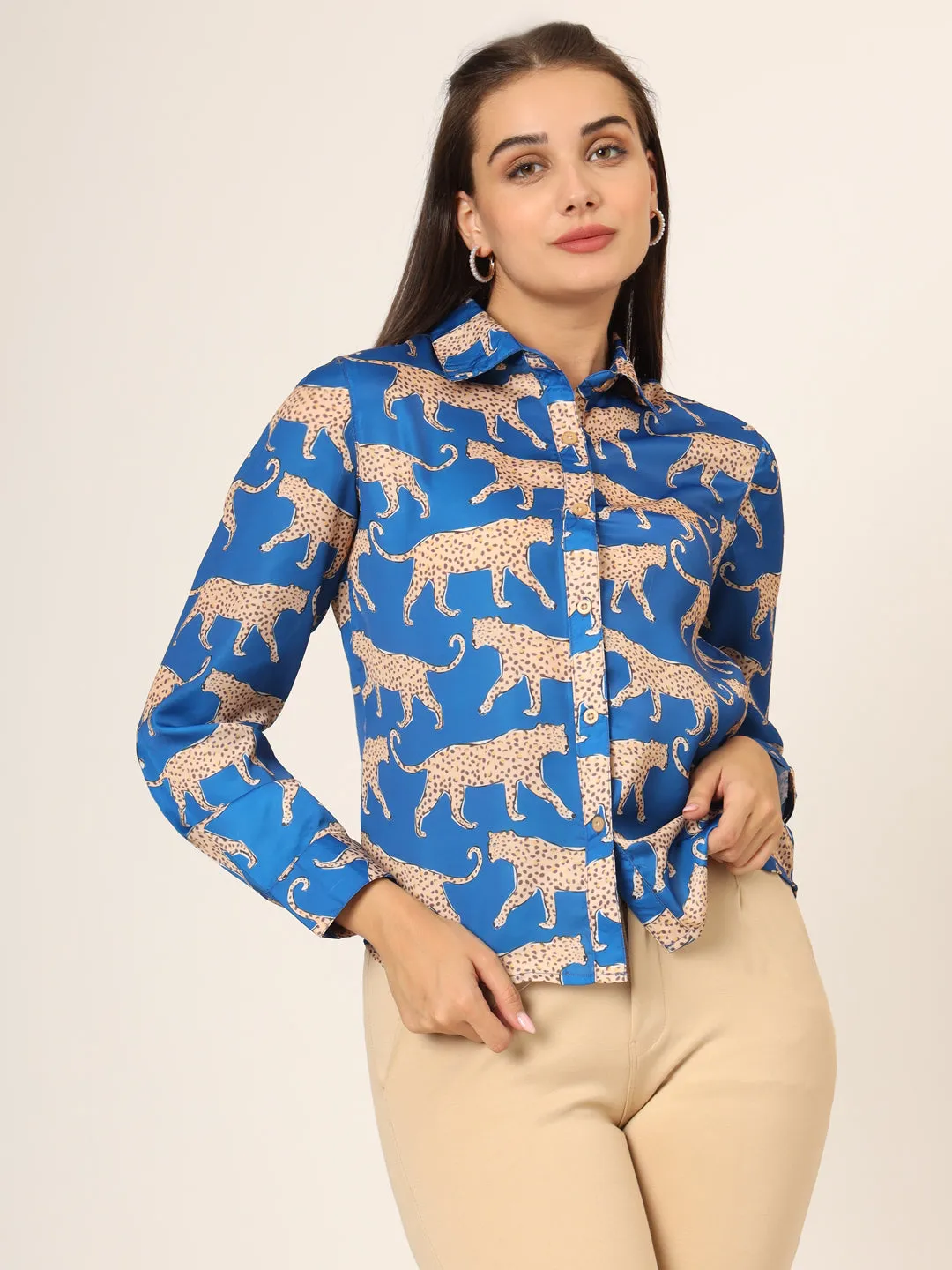 Women Slim Fit Animal Printed Spread Collar Casual Blue Shirt