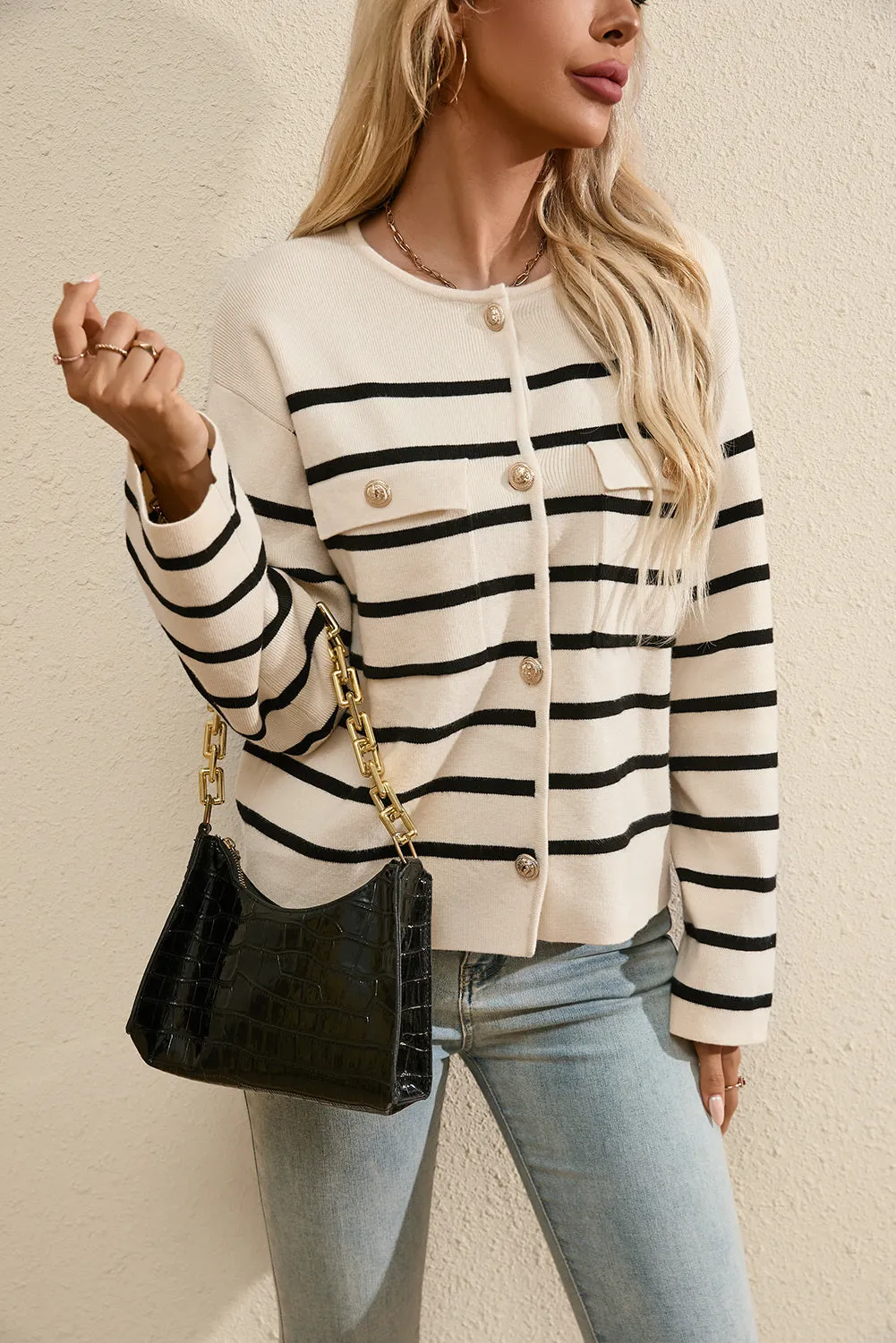 Women's Black Stripe Flap Pocket Button Up Cardigan