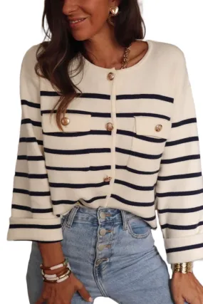 Women's Black Stripe Flap Pocket Button Up Cardigan