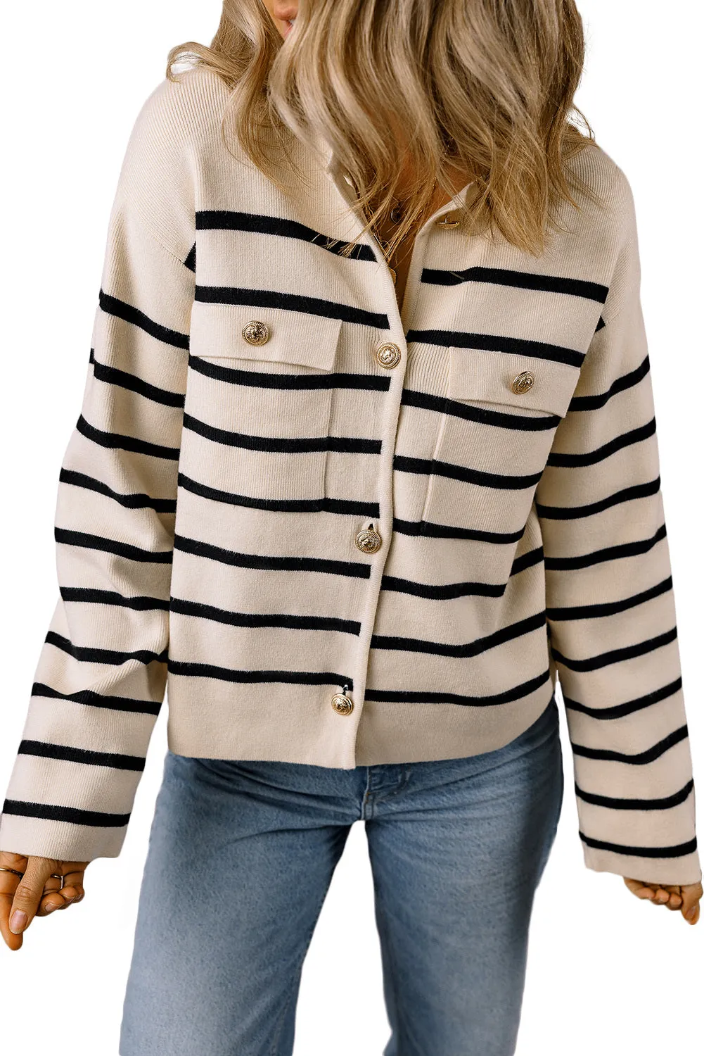 Women's Black Stripe Flap Pocket Button Up Cardigan