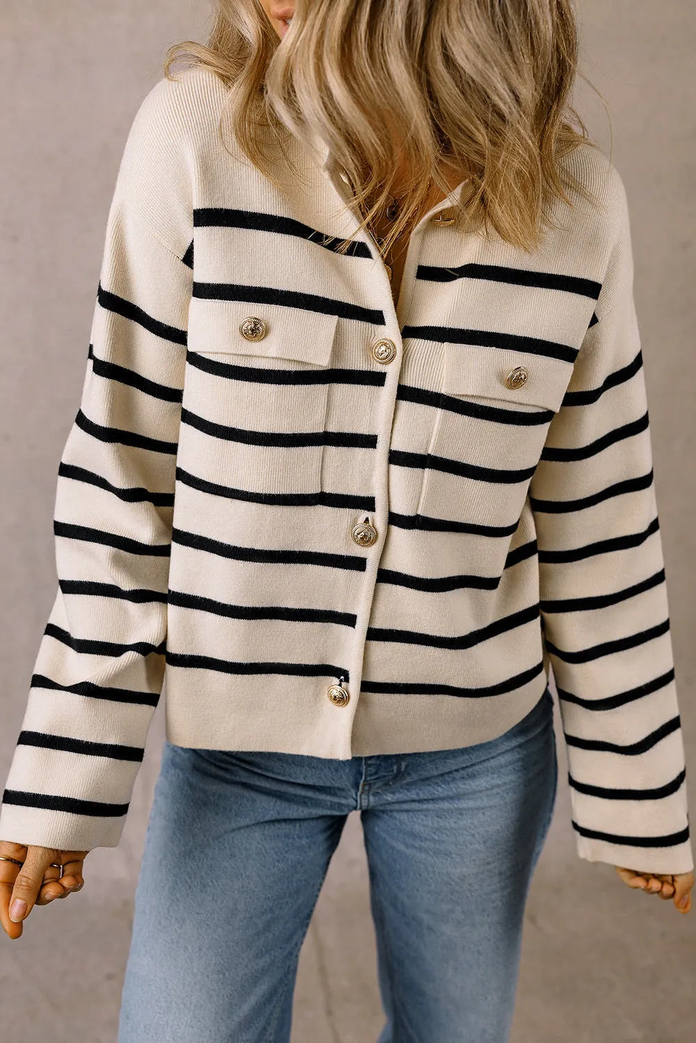 Women's Black Stripe Flap Pocket Button Up Cardigan