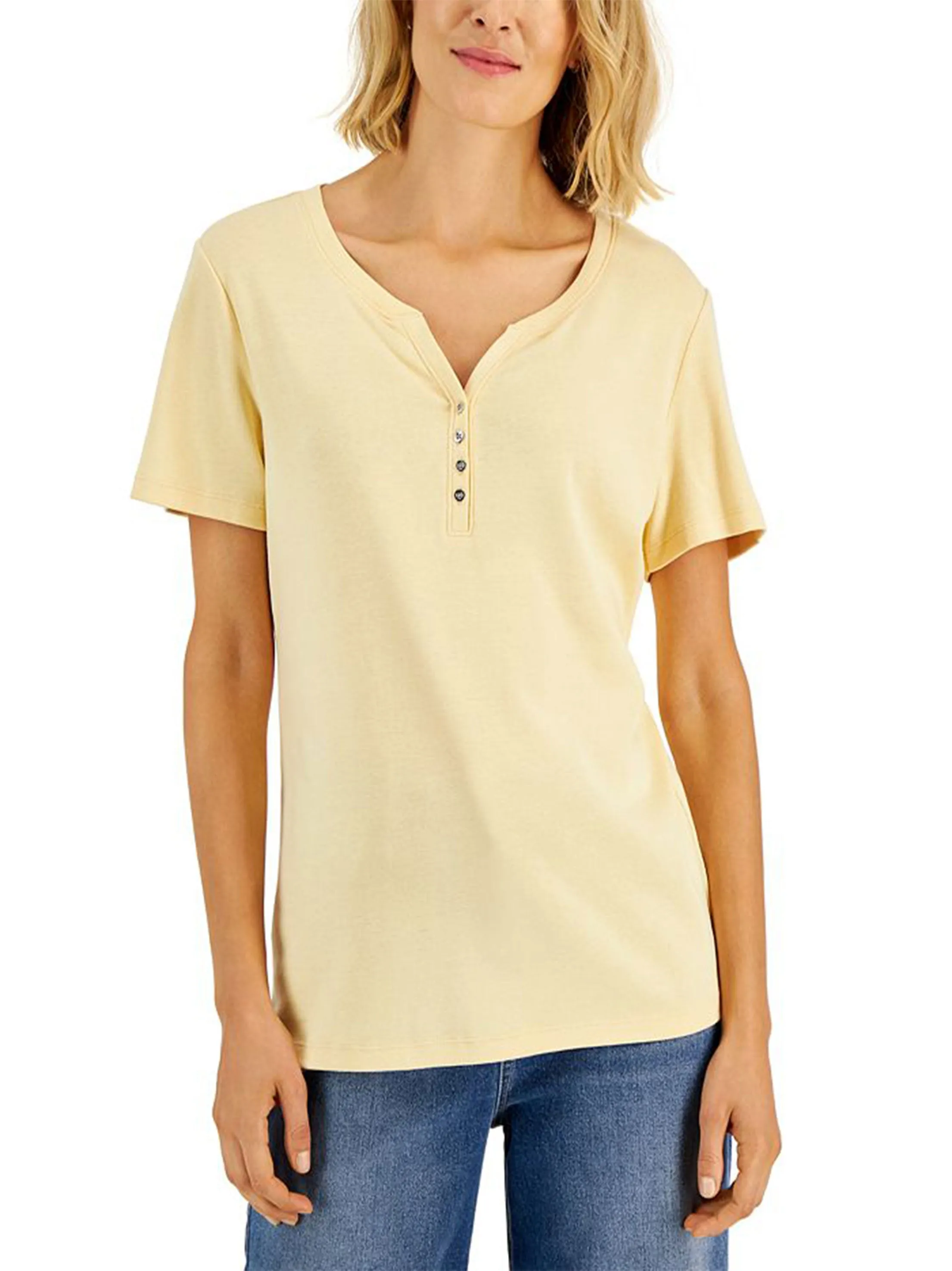 Women's Plain Solid Henley Top,Yellow