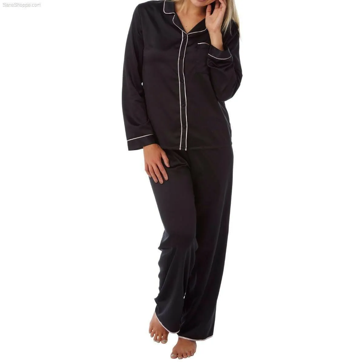 Women's Satin Pyjamas Long Sleeve Nightwear Loungewear Set Black